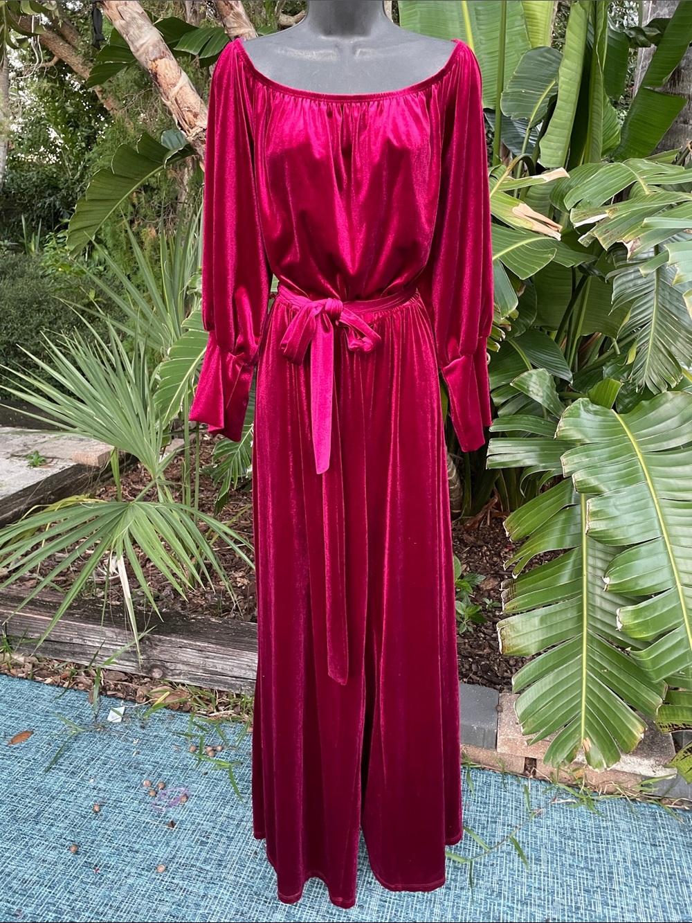 Burgundy velvet or velour off the shoulder wide leg jumpsuit